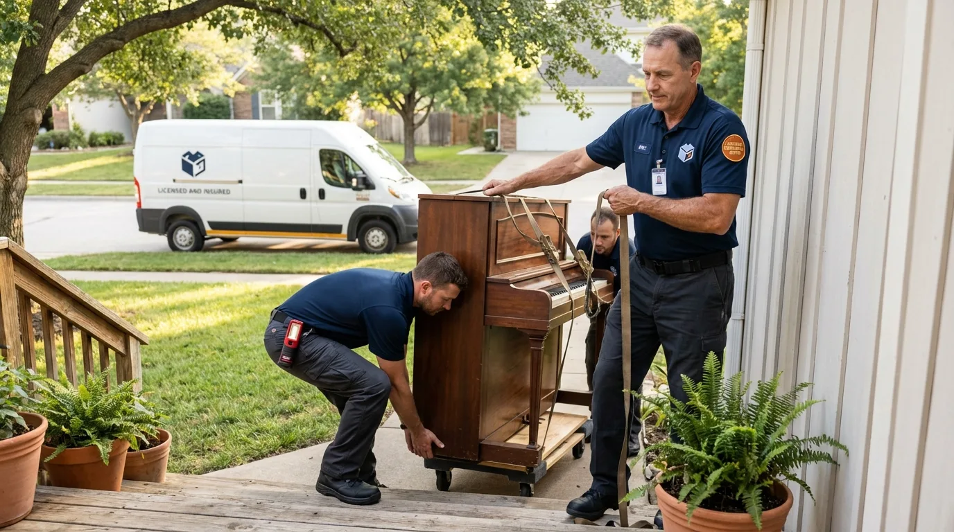 Licensed piano movers securing grand piano in Clinton, TN
