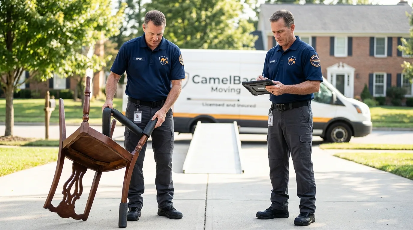 Movers inspecting furniture for damage prevention before loading in Clinton, TN