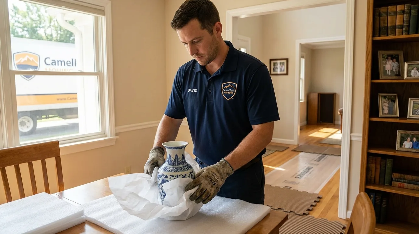 Professional crew carefully wrapping antique vase for senior downsizing move in Clinton, TN